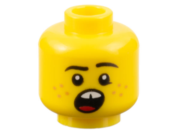 Minifigure, Head Black Eyebrows, Medium Nougat Freckles, Open Mouth with Gap in Teeth, Red Tongue Pattern