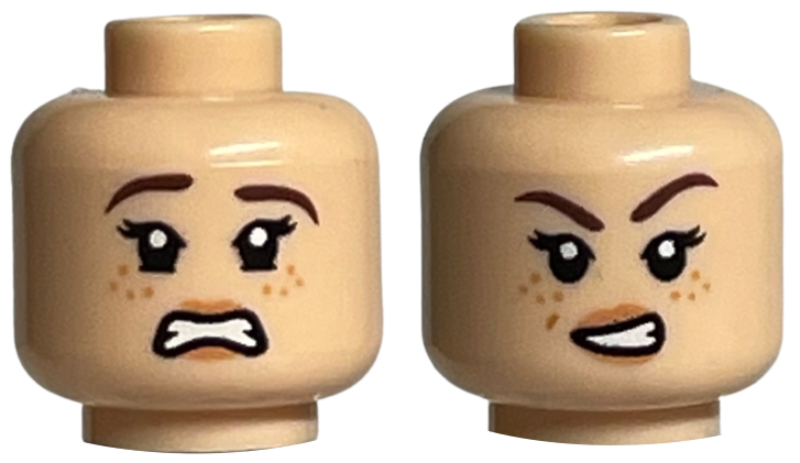 Minifigure, Head Dual Sided Female Dark Brown Eyebrows, Nougat Freckles and Lips, Angry / Scared Pattern