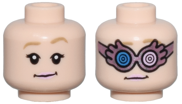 Minifigure, Head Dual Sided Female Dark Tan Eyebrows, Bright Pink Lips, Smile / Silver and Metallic Pink Spectrespecs Pattern