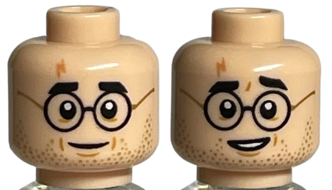 Minifigure, Head Dual Sided Medium Nougat Lightning Scar, Black Eyebrows, Glasses and Dark Tan Beard Stubble, Smile / Open Mouth Pattern