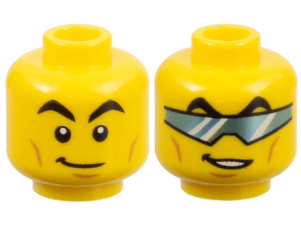 Minifigure, Head Dual Sided Black Arched Eyebrows, Cheek Lines and Chin Dimple, Lopsided Grin / Metallic Light Blue Glasses (Visor) Pattern