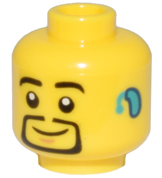 Minifigure, Head Black Eyebrows and Thin Goatee, Medium Nougat Chin Dimple, Dark Turquoise Hearing Aid on Left, Grin Pattern