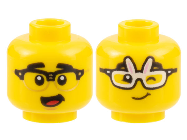 Minifigure, Head Dual Sided Black Eyebrows, Black and Gold Glasses and Open Mouth / Rabbit Glasses Winking with Lopsided Grin Pattern