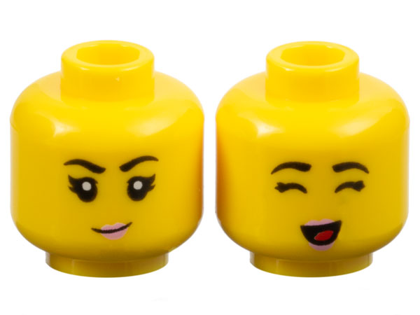 Minifigure, Head Dual Sided Female Black Eyebrows, Bright Pink Lips, Small Grin / Closed Eyes and Open Mouth with Red Tongue Pattern