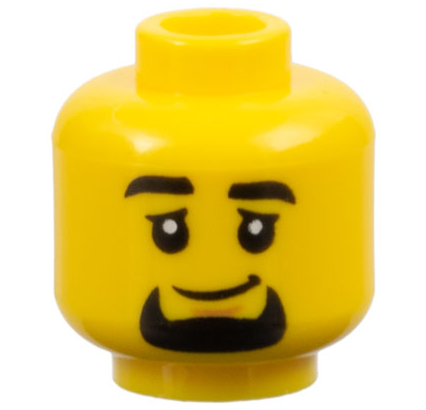 Minifigure, Head Black Eyebrows and Goatee, Medium Nougat Chin Dimple, Lopsided Grin Pattern