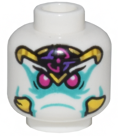 Minifigure, Head Alien Magenta Eyes, Gold, Yellow, Magenta, and Dark Purple Headband, Tusks, and Dark Turquoise Lines Pattern