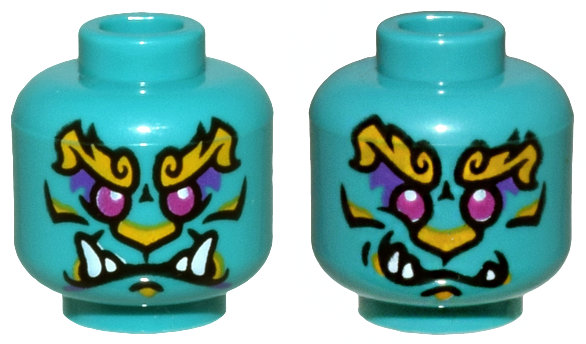 Minifigure, Head Dual Sided Alien Magenta Eyes, Bright Light Orange Nose and Bushy Eyebrows, White Bottom Fangs, Neutral  / Smirk Pattern