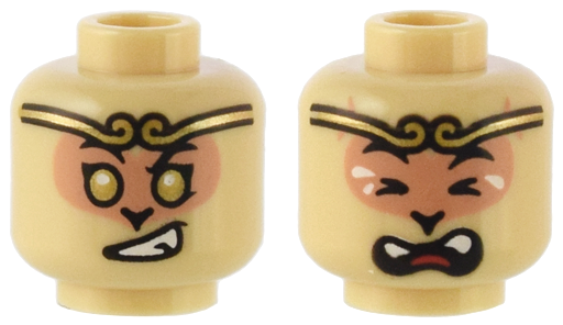 Minifigure, Head Dual Sided Alien Black Eyebrows, Nougat Face, Headband, Gold Eyes and Lopsided Smirk with Teeth / Crying Closed Eyes with Tears and Open Mouth with Red Tongue Pattern