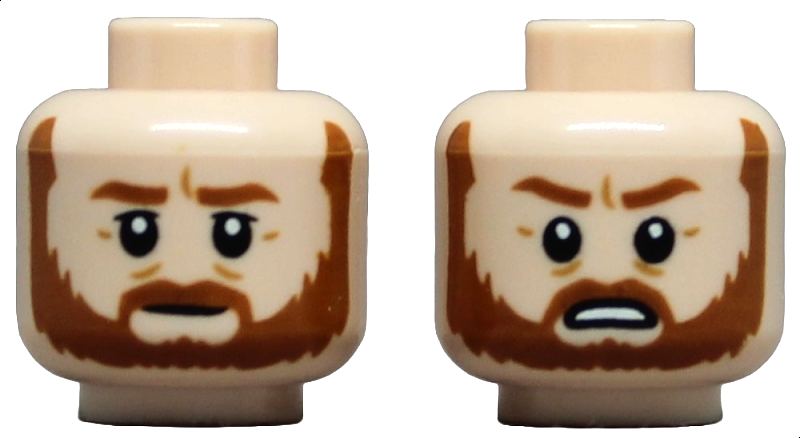 Minifigure, Head Dual Sided Dark Orange Eyebrows, Moustache, and Beard, Neutral / Angry Open Mouth Frown with Teeth Pattern
