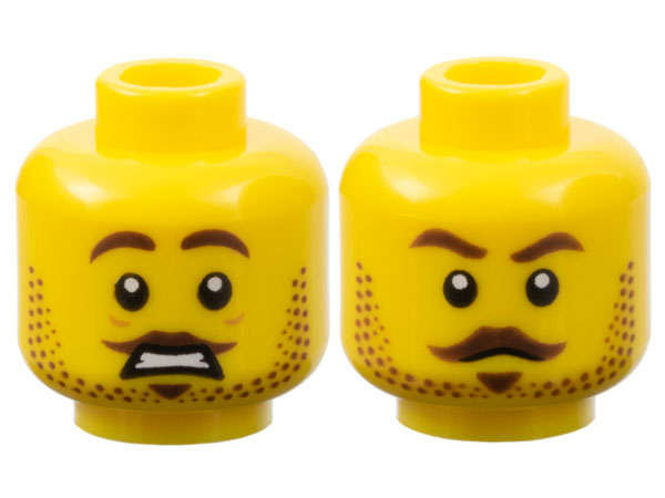 Minifigure, Head Dual Sided Male Dark Brown Eyebrows, Moustache, Soul Patch, and Beard Stubble, Worried Open Mouth with Teeth / Stern Pattern