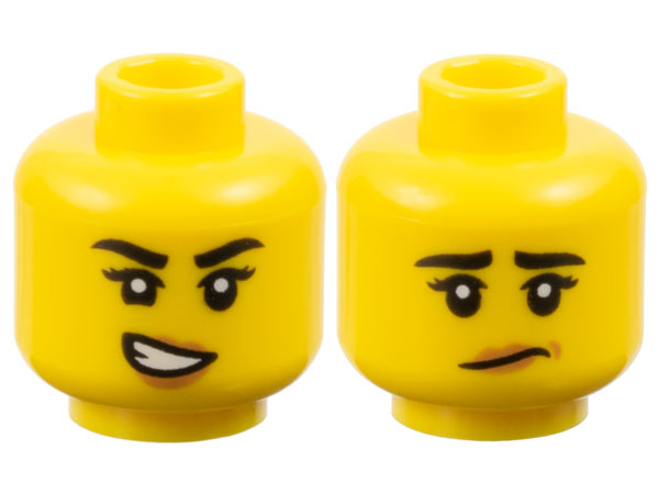Minifigure, Head Dual Sided Female Black Eyebrows, Eyelashes, Medium Nougat Lips, Lopsided Open Mouth Smile with Teeth / Worried Pattern