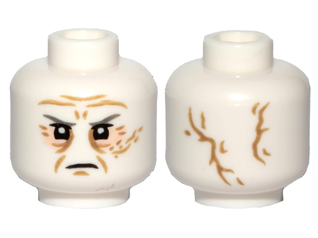 Minifigure, Head Dark Bluish Gray Eyebrows, Light Nougat Eye Shadow, Dark Tan Wrinkles, Scar, Frown, 2 Large Scars on Back Pattern