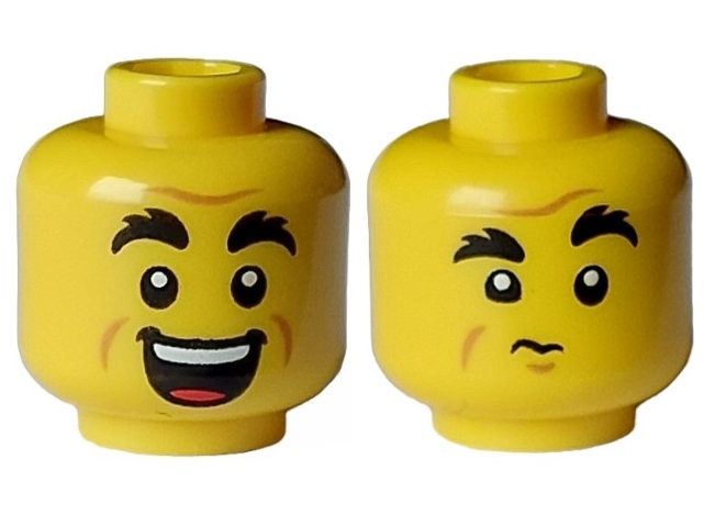Minifigure, Head Dual Sided Black Bushy Eyebrows, Forehead and Cheek Lines, Open Mouth Grin with Teeth / Closed Mouth, Chin Dimple Pattern
