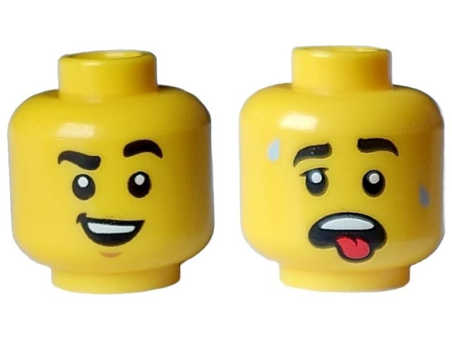 Minifigure, Head Dual Sided Black Eyebrows, Smile with Teeth, Chin Dimple / Open Mouth, Red Tongue, Sweat Drops Pattern