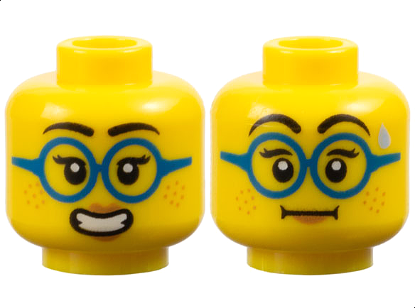 Minifigure, Head Dual Sided Female Black Eyebrows, Eyelashes, Dark Azure Glasses, Nougat Freckles and Lips, Open Mouth Smile with Teeth / Neutral with Sweat Drop Pattern