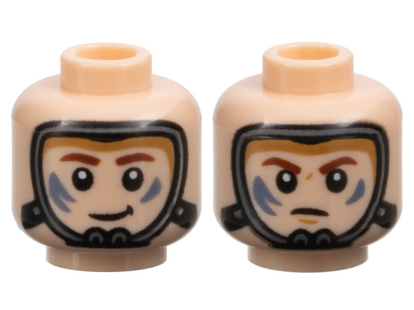 Minifigure, Head Dual Sided Child, Dark Bluish Gray Air Mask, Reddish Brown Eyebrows, Sand Blue Paint Splotches, Grin / Scowl Pattern