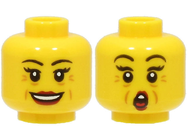 Minifigure, Head Dual Sided Female Black Eyebrows, Dark Red Lips, Nougat Wrinkles, Open Mouth Smile / Surprised Pattern