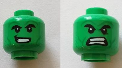 Minifigure, Head Dual Sided Black Thick Eyebrows, Green Cheek Lines and Stubble, Open Mouth Smile with Teeth / Angry with Bared Teeth Pattern
