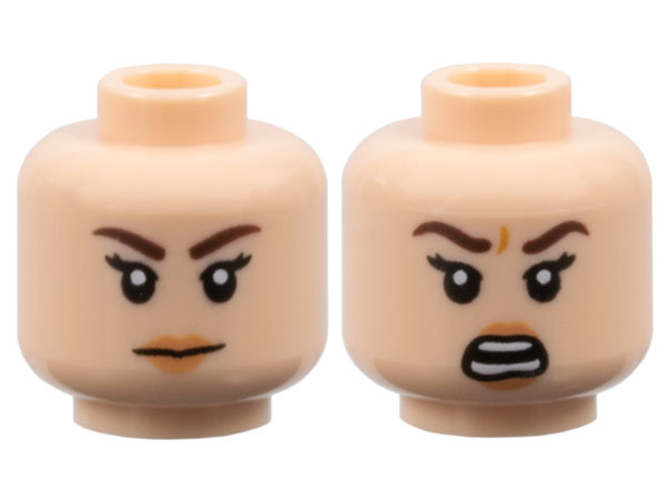 Minifigure, Head Dual Sided Female Dark Brown Eyebrows, Black Eyelashes, Nougat Lips, Neutral / Angry Open Mouth with Teeth Parted Pattern