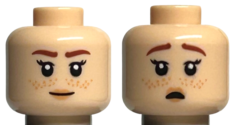 Minifigure, Head Dual Sided Female Reddish Brown Eyebrows, Nougat Lips and Freckles, Smile / Scared with Open Mouth Pattern