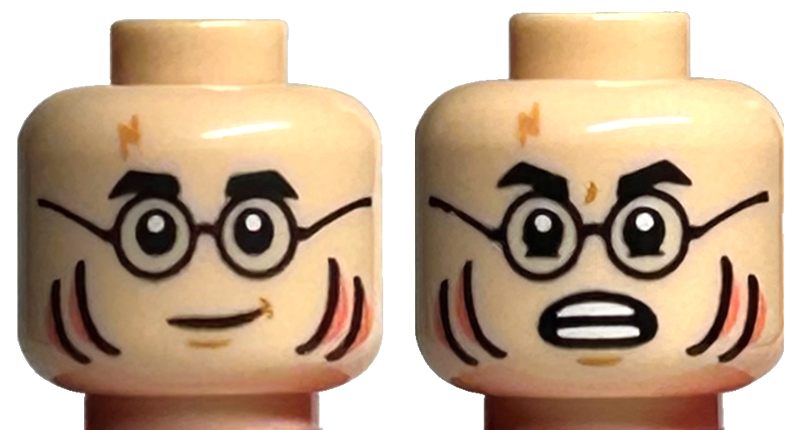 Minifigure, Head Dual Sided Black Eyebrows and Glasses, Nougat Scar, Coral Gills, Neutral / Scared with Open Mouth Pattern