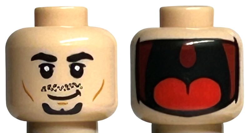 Minifigure, Head Dual Sided Black Thick Eyebrows, Upper Eyelids, Moustache Stubble, and Goatee, Medium Nougat Cheek Lines and Chin Dimple, Lopsided Grin / Large Dark Red Open Shark Mouth with Red Tongue Pattern