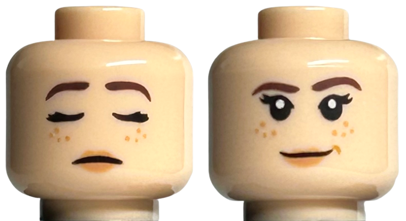 Minifigure, Head Dual Sided Female Dark Brown Eyebrows, Nougat Lips and Freckles, Sleeping / Smile Pattern