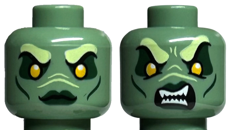 Minifigure, Head Dual Sided Alien Female Yellowish Green Eyebrows, Bright Light Orange Eyes, Dark Green Eye Shadow and Lips, Neutral / Angry Pattern