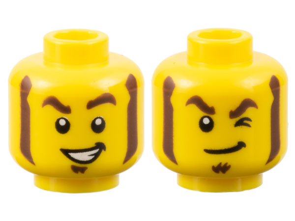 Minifigure, Head Dual Sided Dark Brown Thick Eyebrows, Mutton Chops and Soul Patch, Open Mouth Smile with Teeth / Lopsided Grin and Wink Pattern