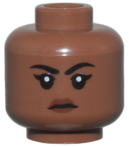Minifigure, Head Female Black Eyebrows and Eyelashes, Reddish Brown Lips, Stern Pattern