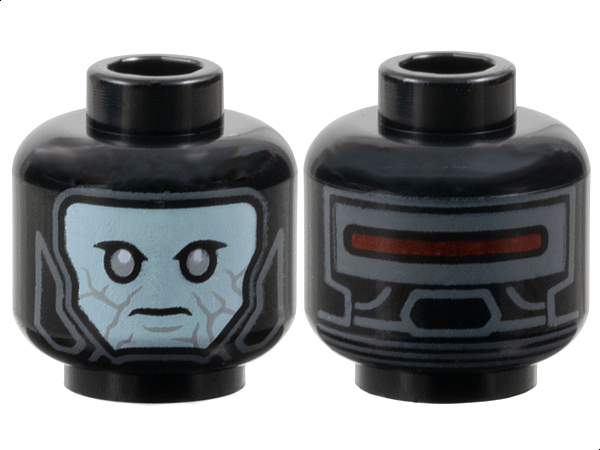 Minifigure, Head Alien Balaclava with Dark Bluish Gray Lines and Dark Red Bar on Back over Light Aqua Face with Light Bluish Gray Eyes and Cracks Pattern