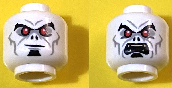 Minifigure, Head Dual Sided Alien Black Eyebrows and Soul Patch, Red Eyes, Light Bluish Gray Eye Shadow and Lines, Smirk / Angry with Fangs Pattern