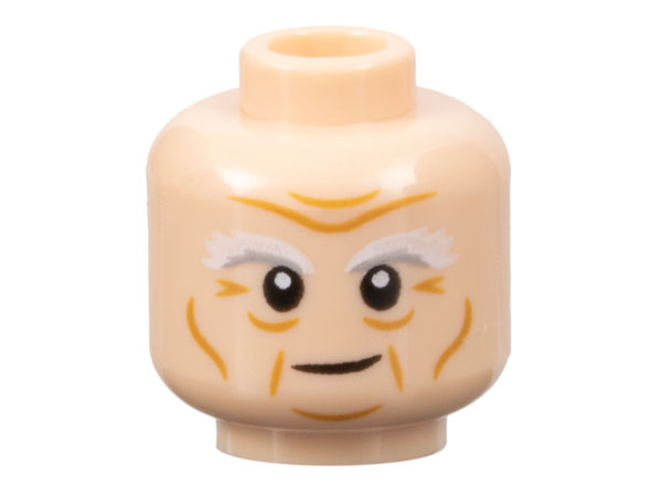 Minifigure, Head White and Light Bluish Gray Bushy Eyebrows, Medium Nougat Brow Furrows, Wrinkles, and Cheek Lines Pattern