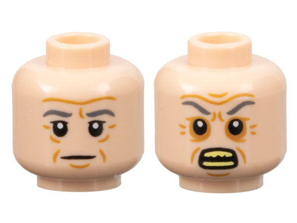 Minifigure, Head Dual Sided Dark Bluish Gray Eyebrows, Medium Nougat Wrinkles, Neutral / Angry with Bright Light Yellow Teeth Pattern