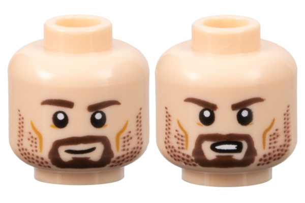 Minifigure, Head Dual Sided Dark Brown Eyebrows, Goatee and Stubble Beard, Medium Nougat Cheek Lines, Grin / Scowl Pattern