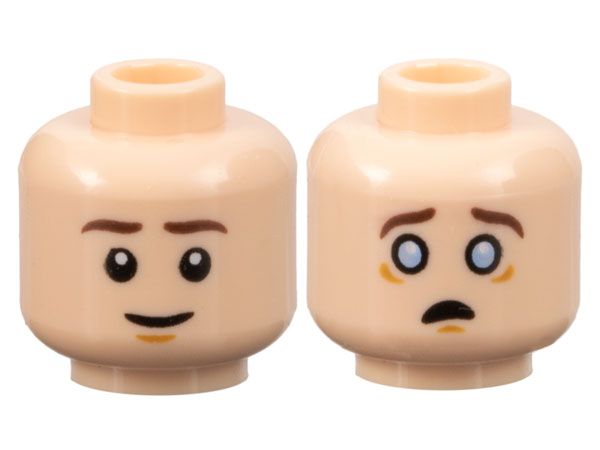 Minifigure, Head Dual Sided Dark Brown Eyebrows, Medium Nougat Chin Dimple, Grin / Scared with Bright Light Blue Eyes Pattern
