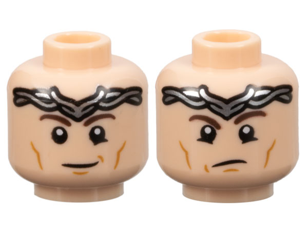 Minifigure, Head Dual Sided Dark Brown Eyebrows, Silver Tiara, Medium Nougat Cheek Lines and Chin Dimple, Smirk / Frown Pattern