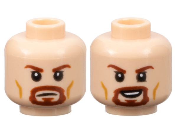 Minifigure, Head Dual Sided Reddish Brown Eyebrows and Goatee, Medium Nougat Cheek Lines, Neutral / Open Mouth Smile Pattern
