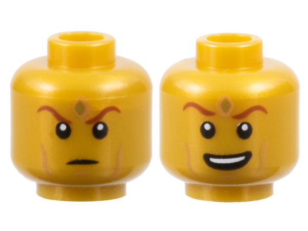 Minifigure, Head Dual Sided Reddish Brown Eyebrows, Nougat Cheek Lines, Gold Diamond on Forehead, Scowl / Open Mouth Smile with Top Teeth Pattern
