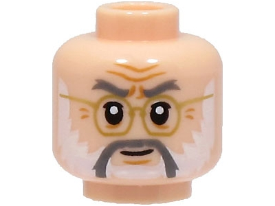 Minifigure, Head Dark Bluish Gray Eyebrows and Moustache, White Beard, Gold Glasses, Medium Nougat Wrinkles, Chin Dimple, Smile Pattern