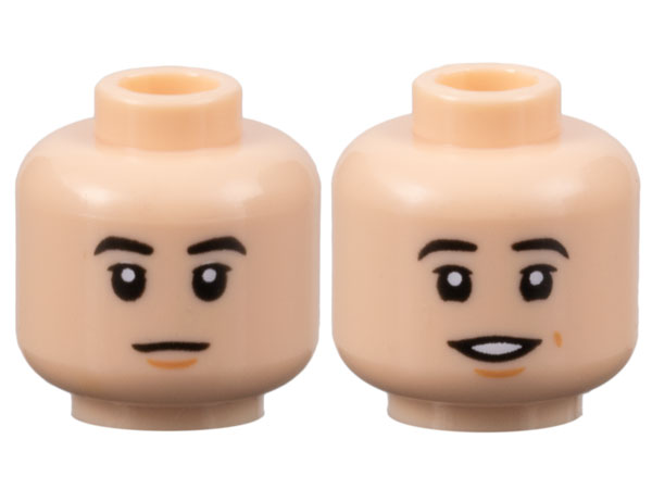 Minifigure, Head Dual Sided Black Eyebrows, Nougat Chin Dimple, Neutral / Open Mouth Smile Pattern