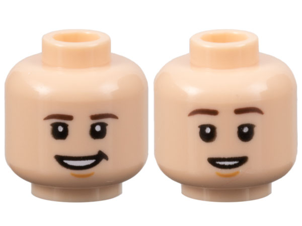Minifigure, Head Dual Sided Dark Brown Eyebrows, Nougat Chin Dimple, Lopsided Grin / Narrow Open Mouth Smile Pattern