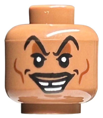 Minifigure, Head Black Raised Eyebrows and Moustache, Reddish Brown Eye Shadow and Cheek Lines, Crooked Open Mouth Smile Pattern