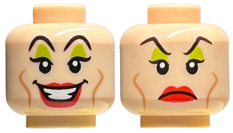 Minifigure, Head Dual Sided Female Black Eyebrows, Lime Eye Shadow, Medium Nougat Cheek Lines, Red Lips, Open Mouth Smile / Frown Pattern