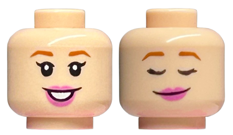 Minifigure, Head Dual Sided Female Dark Orange Eyebrows, Dark Pink Lips, Open Mouth Smile / Sleeping with Smirk Pattern