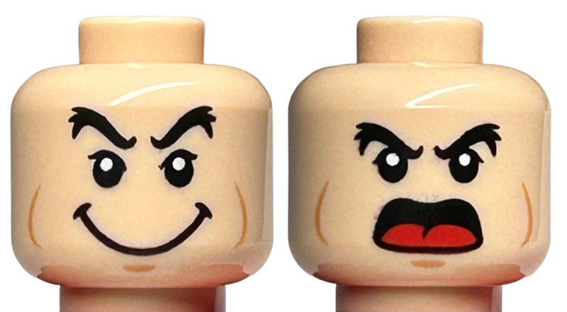 Minifigure, Head Dual Sided Black Bushy Eyebrows, Medium Nougat Cheek Lines, Large Smile / Angry with Open Mouth and Red Tongue Pattern