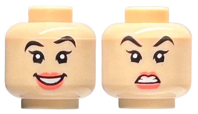 Minifigure, Head Dual Sided Female Black Eyebrows, Left Raised, Coral Lips, Open Mouth Smile / Angry Pattern