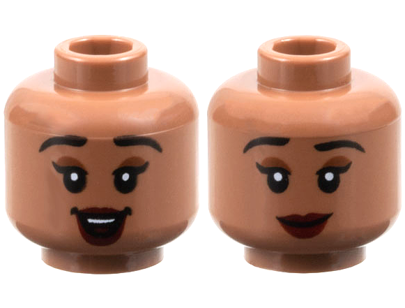 Minifigure, Head Dual Sided Female Black Eyebrows, Reddish Brown Eye Shadow, Dark Red Lips, Open Mouth Smile / Closed Mouth Smile Pattern