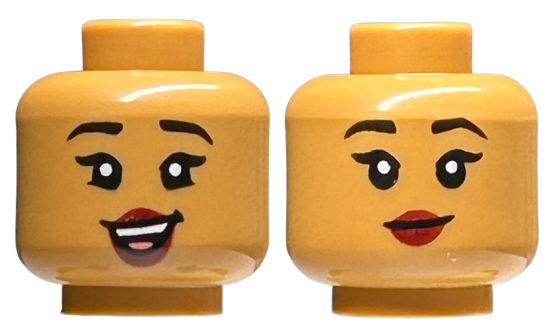Minifigure, Head Dual Sided Female Black Eyebrows, Dark Red Lips, Lopsided Open Mouth Smile with Teeth and Tongue / Closed Mouth Pattern