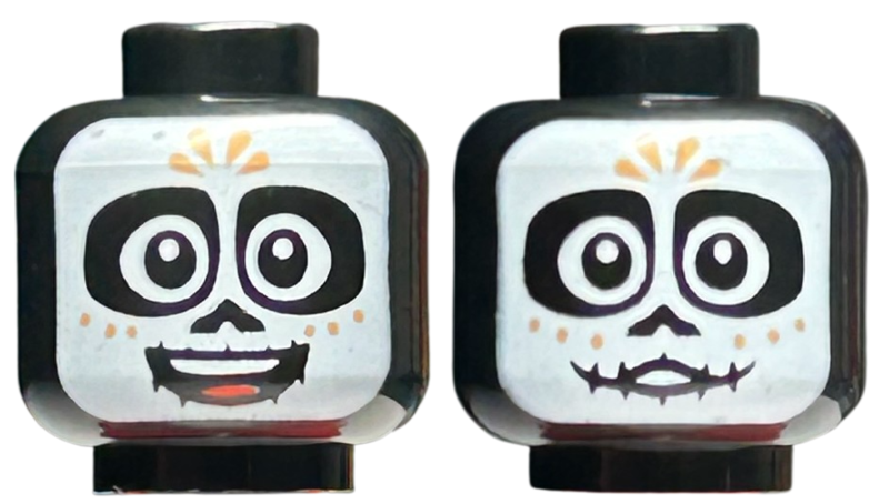 Minifigure, Head Dual Sided White Face Mask, Large Eyes and Nose, Nougat Dots, Stitched Mouth, Open Mouth Smile / Slight Smile Pattern